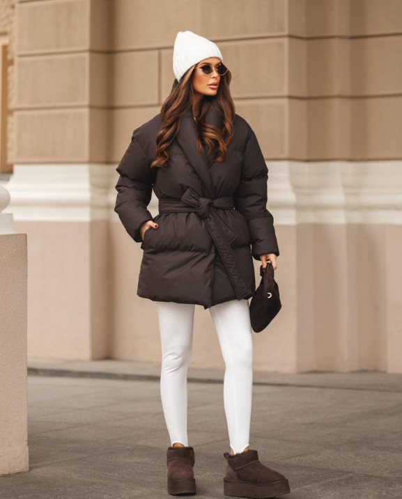 19 Пуховик подовжений з шалевим коміром з поясом